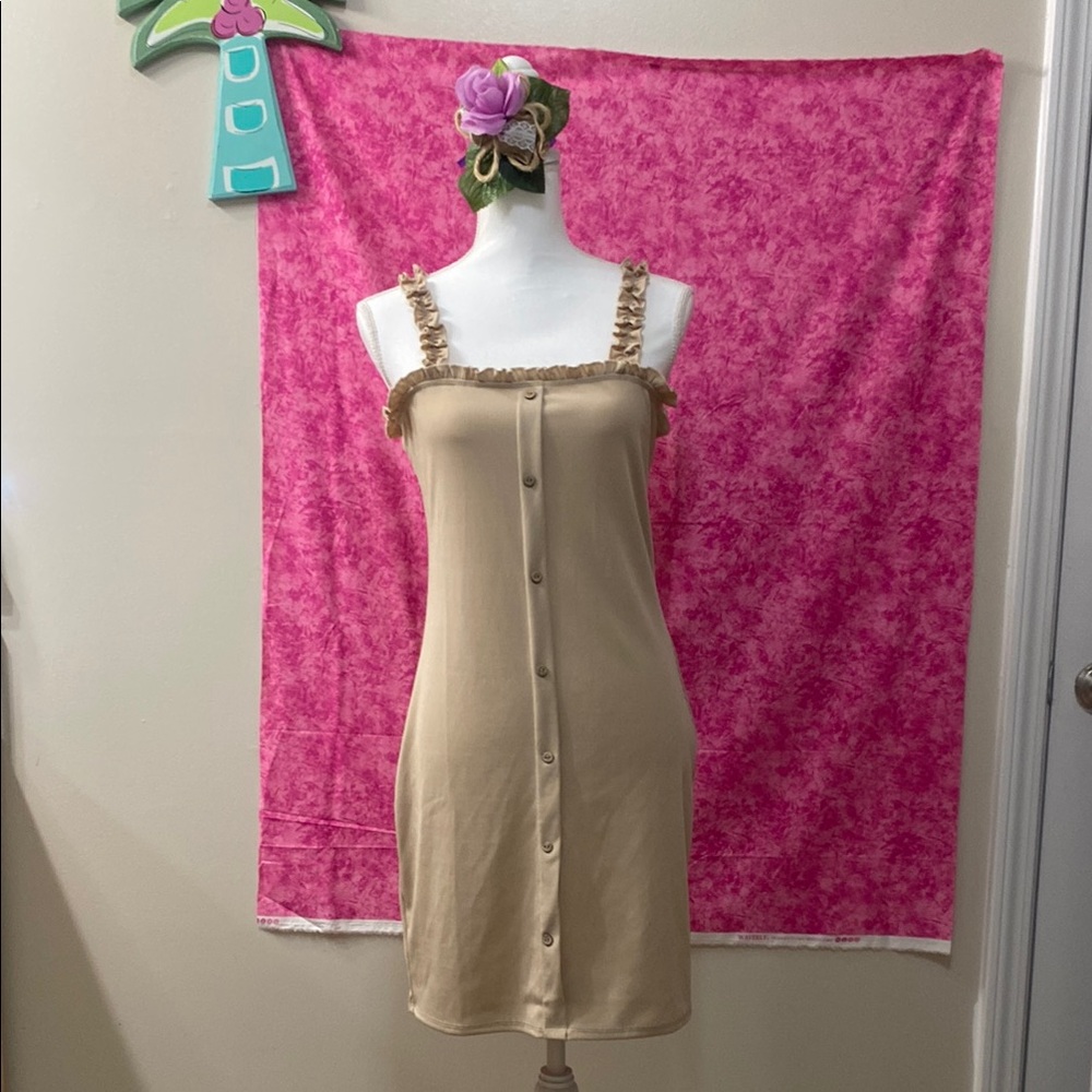 Almost Famous Tan Midi Dress with Ruffled Spaghetti Straps